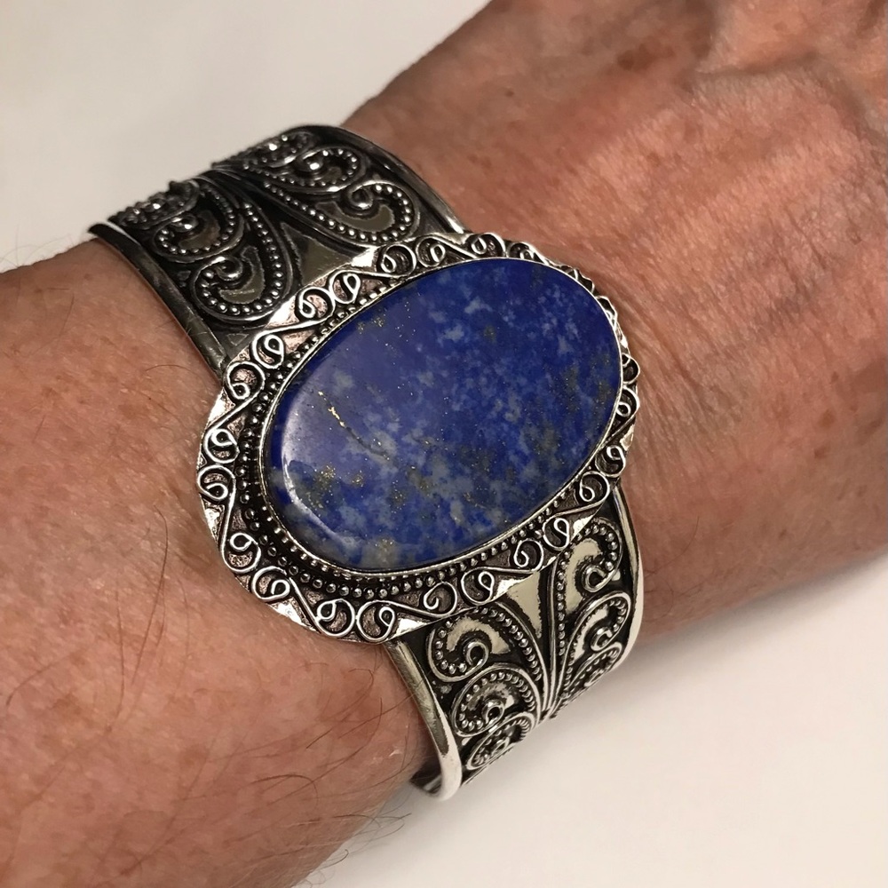 Lapis Lazuli Stamped Solid 925 Sterling Silver Cuff Bracelet